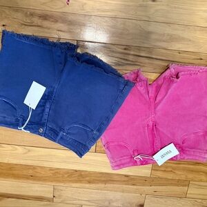 Zenana Outfitters High-Waist Frayed Hem Jean Shorts - Blue & Pink